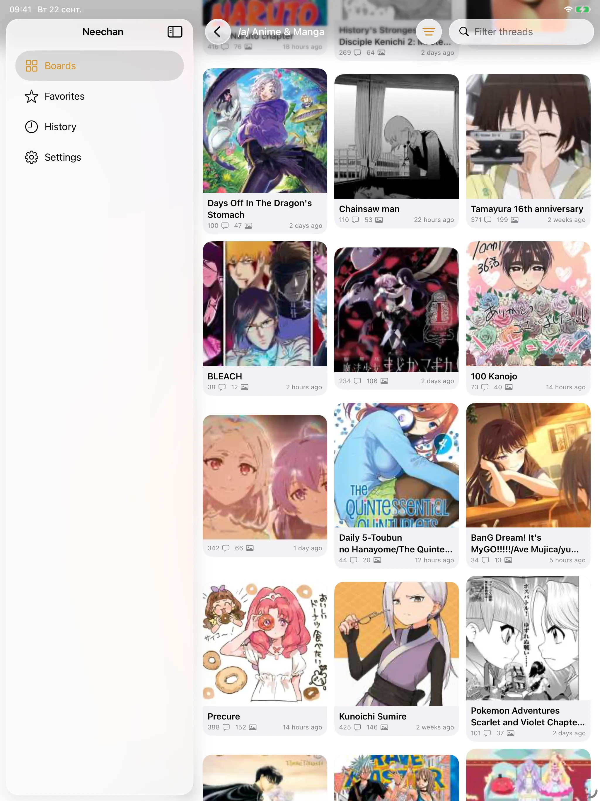 Neechan on iPad, with the sidebar and a board as a grid