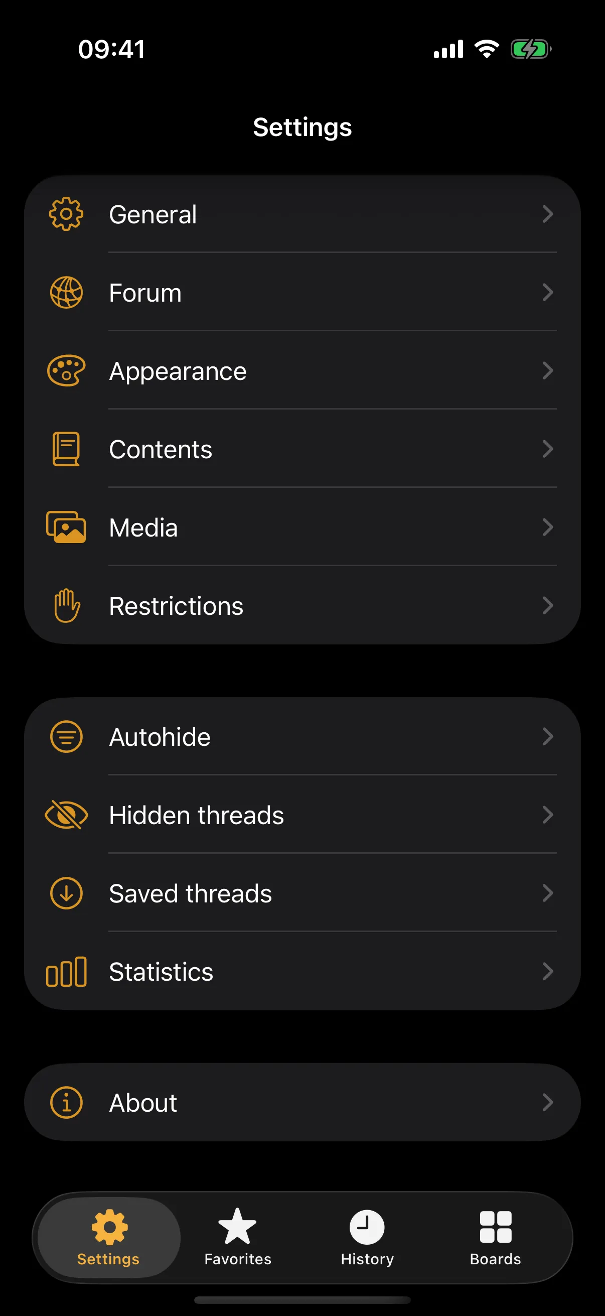 Settings in the dark theme, with amber icons